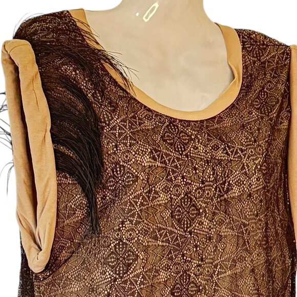 Robert Rodriguez Tank Top Ostrich Plume Detail Black Lace Overlay Goth Size Med - Picture 2 of 9